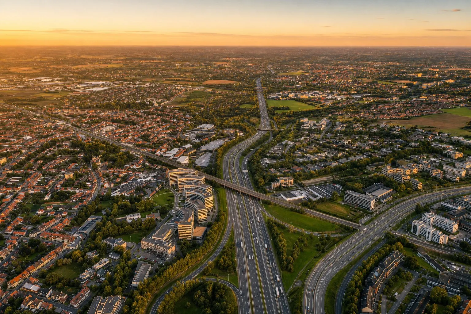 Luchtbeeld van Zaventem en de E40