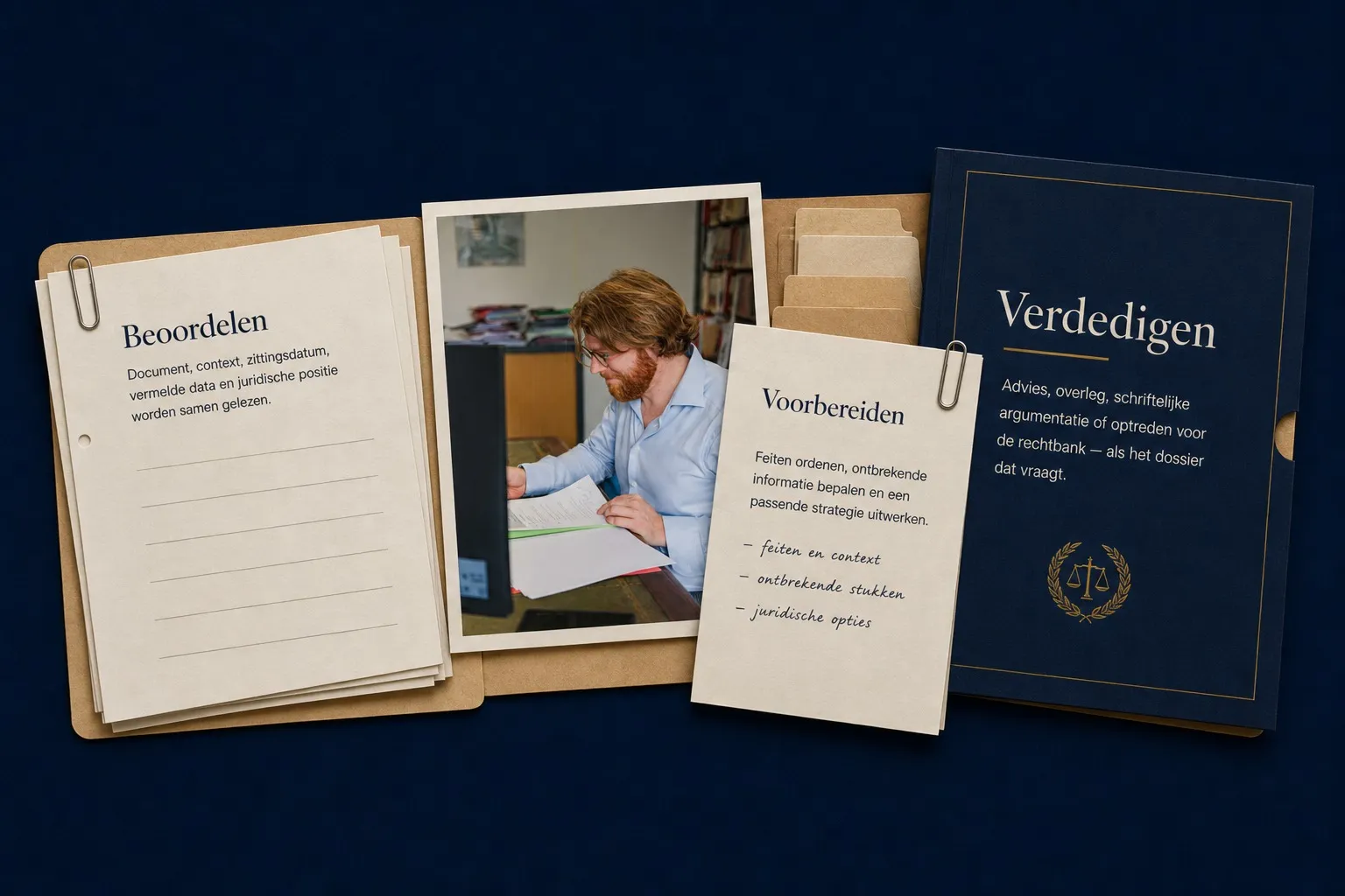 Dossiercollage over het beoordelen van de dagvaarding, het ordenen van de feiten en de mogelijke bijstand. In het midden bekijkt een advocaat documenten aan een bureau.