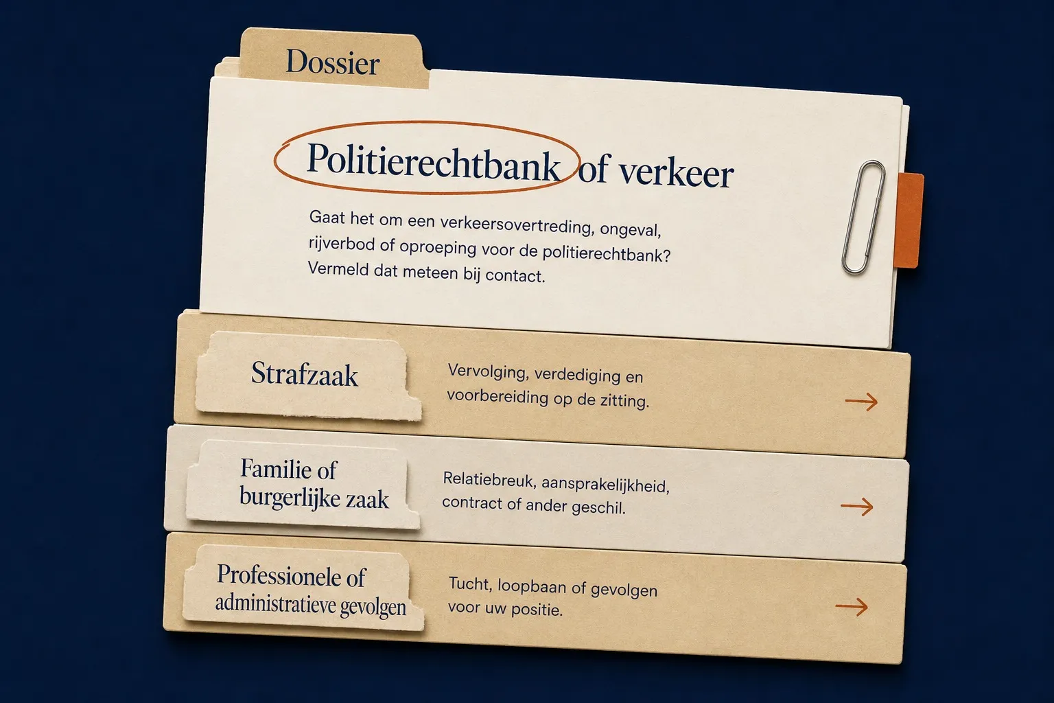 Dossierstapel met vier routes: politierechtbank of verkeer: gaat het om een verkeersovertreding, ongeval, rijverbod of oproeping voor de politierechtbank? Vermeld dat meteen bij contact; strafzaak: vervolging, verdediging en voorbereiding op de zitting; familie of burgerlijke zaak: relatiebreuk, aansprakelijkheid, contract of ander geschil; professionele of administratieve gevolgen: tucht, loopbaan of gevolgen voor uw positie.